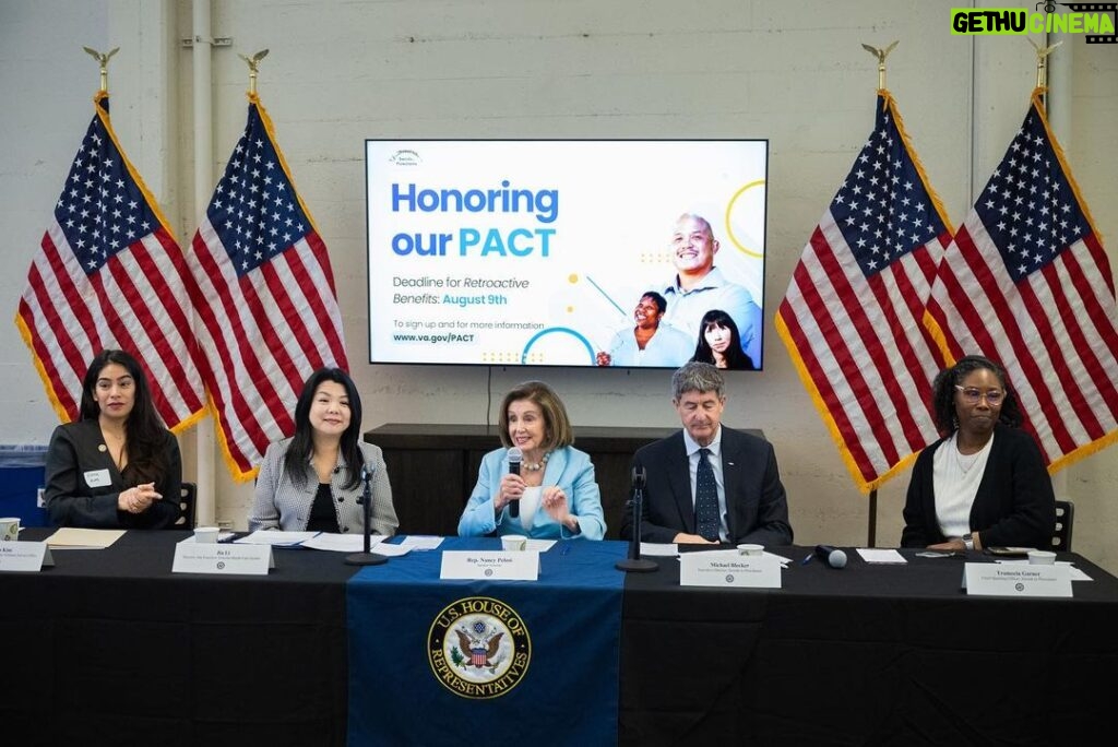 Nancy Pelosi Instagram - At a roundtable in San Francisco yesterday, I joined local veterans to mark the one-year anniversary of the PACT Act: the largest expansion of @deptvetaffairs benefits in decades. Eligible veterans must file a claim today for backdated benefits – visit VA.gov/PACT to learn more!