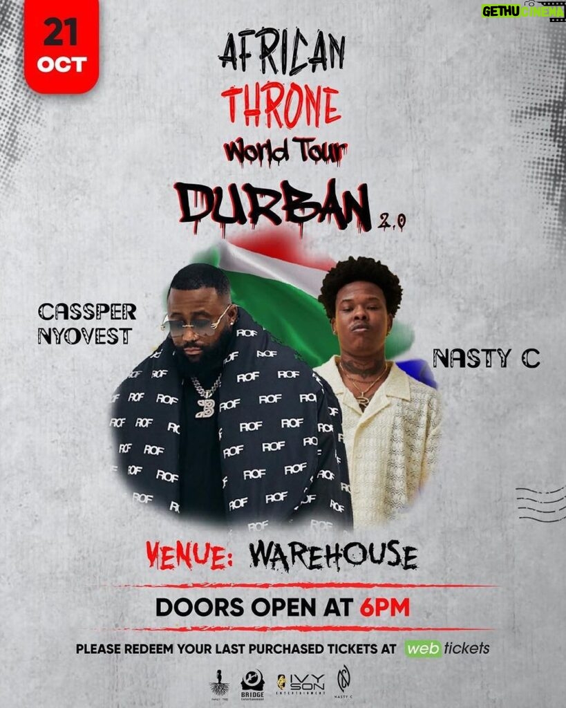 Nasty C Instagram - Durban! After having to cancel last saterday’s show because of the rain, we’ve made plans to make it up to you ❤️‍🩹 21st Oct we make it right 🤞🏾