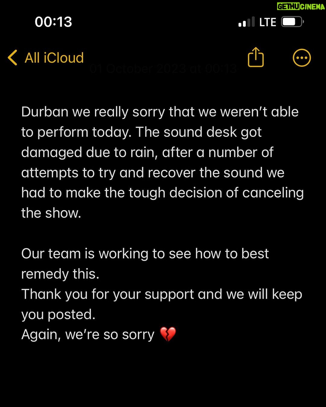 Nasty C Instagram - Durban we really sorry that we weren’t able to perform today. The sound desk got damaged due to rain, after a number of attempts to try and recover the sound we had to make the tough decision of canceling the show. Our team is working to see how to best remedy this. Thank you for your support and we will keep you posted. Again, we’re so sorry 💔