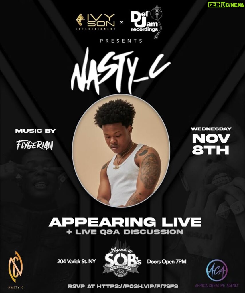 Nasty C Instagram - New York City! Allow me to re-introduce myself! Pull up @sobsnyc next Wednesday Nov 8 for a dope live experience! Link in bio! 👁️❤️📍#ILoveItHere New York, New York