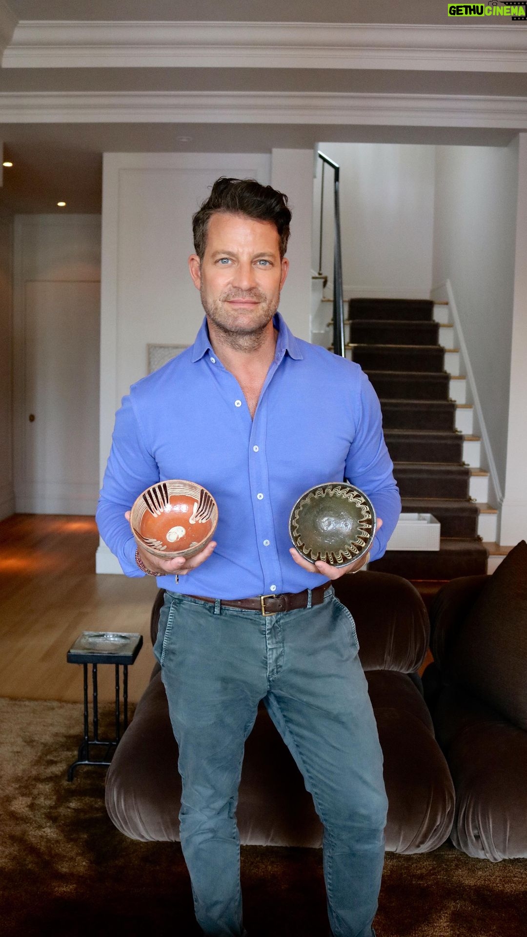 Nate Berkus Instagram - Finding unique, handmade pottery to bring home from trips is high up on my list of reasons to travel. These bowls @jeremiahbrent and I found this past summer in Portugal now live on the mantel in our bedroom, but I’m sure will find new homes all over the house as the years go on.