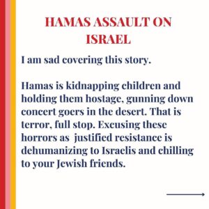 Nate Berkus Instagram - I stand with Israel. 

Repost from @jessicayellin 

“I know this could ignite a battle in comments and that is not my goal. My purpose here is to share the discussion that is happening in texts and calls and chats. Many Jewish people who are reading the comments on here and across social media today are messaging me, saying they are afraid. They ask, why are some people so quick to dismiss the terror Israeli people are experiencing.

I extend compassion to everyone struggling with this war and extend an invitation to those who are open - to learn more about how these conversations land from a Jewish perspective.”