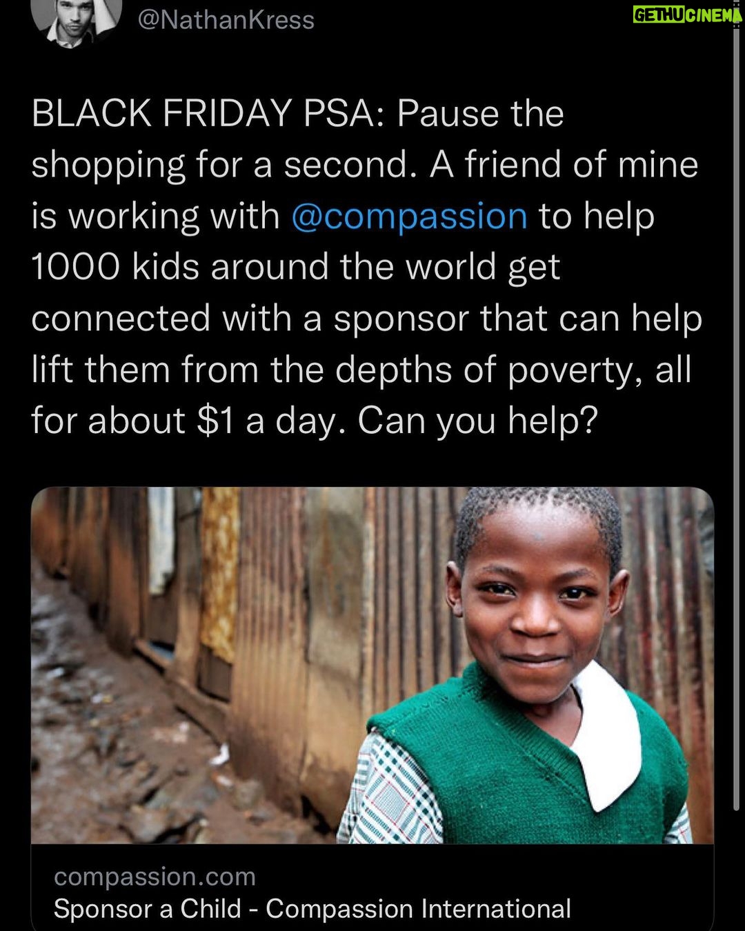 Nathan Kress Instagram - This holiday season, I’d be so appreciative if you’d consider joining with me (and this awesome organization) to fundamentally change the lives of some of the worlds’ most deserving children. Help us reach our goal of 1000 kids! Sign up at compassion.org/rusty