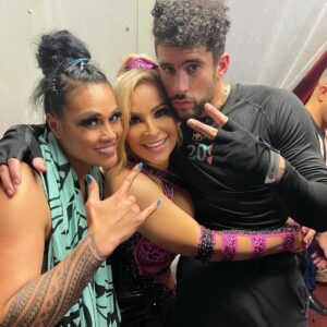 Nattie Neidhart-Wilson Instagram - Rare little gems in my phone from WrestleMania in 2021.
I remember being backstage (we had just wrestled), watching @badbunnypr wrestle after us, thinking about how awesome he did and how seriously he approached wrestling and what we do in the ring. @saronasnukawwe and I wanted to make sure we paid him respect after his match. (Also, happy birthday, BB! 🐰) 

And the last shot we took right after … the girls (and TJ and Pat!) Love when we all come together and create magic. Truly the best!

It’s #WRESTLEMANIA SEASON!!!! 🫶🏻
