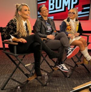 Nattie Neidhart-Wilson Instagram - Can’t wait for you to see our interview today on @wwethebump. We had a powerful conversation about so many topics but esp women’s wrestling. And what inspires us to continue to want more. Very proud of these women I’m standing with and all the women wrestlers out there across the globe who keep fighting for more! 🩵 

Tune in today at 1PM est @peacock @wwe 
@qosbaszler @yaonlylivvonce @jackieredmond