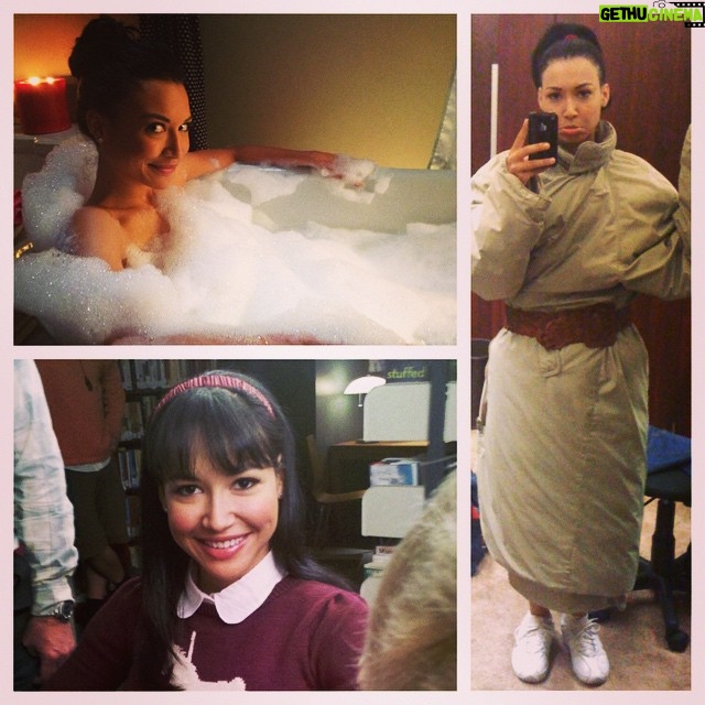 Naya Rivera Instagram - Taking a relaxing soak in the christmas episode, the time I got bangs and a unicorn sweater like Rachel, and one of the many times I was freezing on set in that Cheerios uniform!
