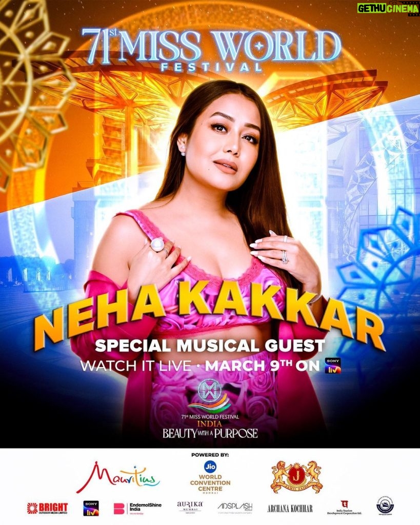 Neha Kakkar Instagram - We are honored to announce that one of India’s hottest and most talented pop stars, Neha Kakkar @nehakakkar , is confirmed as a special musical guest at the 71st Miss World Festival, which will happen on March 9th, at the @jioworldconventioncentre . The event will be live-streamed by @sonylivindia from 7:30 PM (2 PM GMT), in addition to being broadcasted in over 140 countries and territories , to an audience of over 1 billion people. Neha Kakkar is the most followed female Indian artist and 22nd most followed artist globally on Spotify. #MissWorld #71MW #MissWorld71 #BWAP #BeautywithaPurpose #India #incredibleindia #nehakakkar