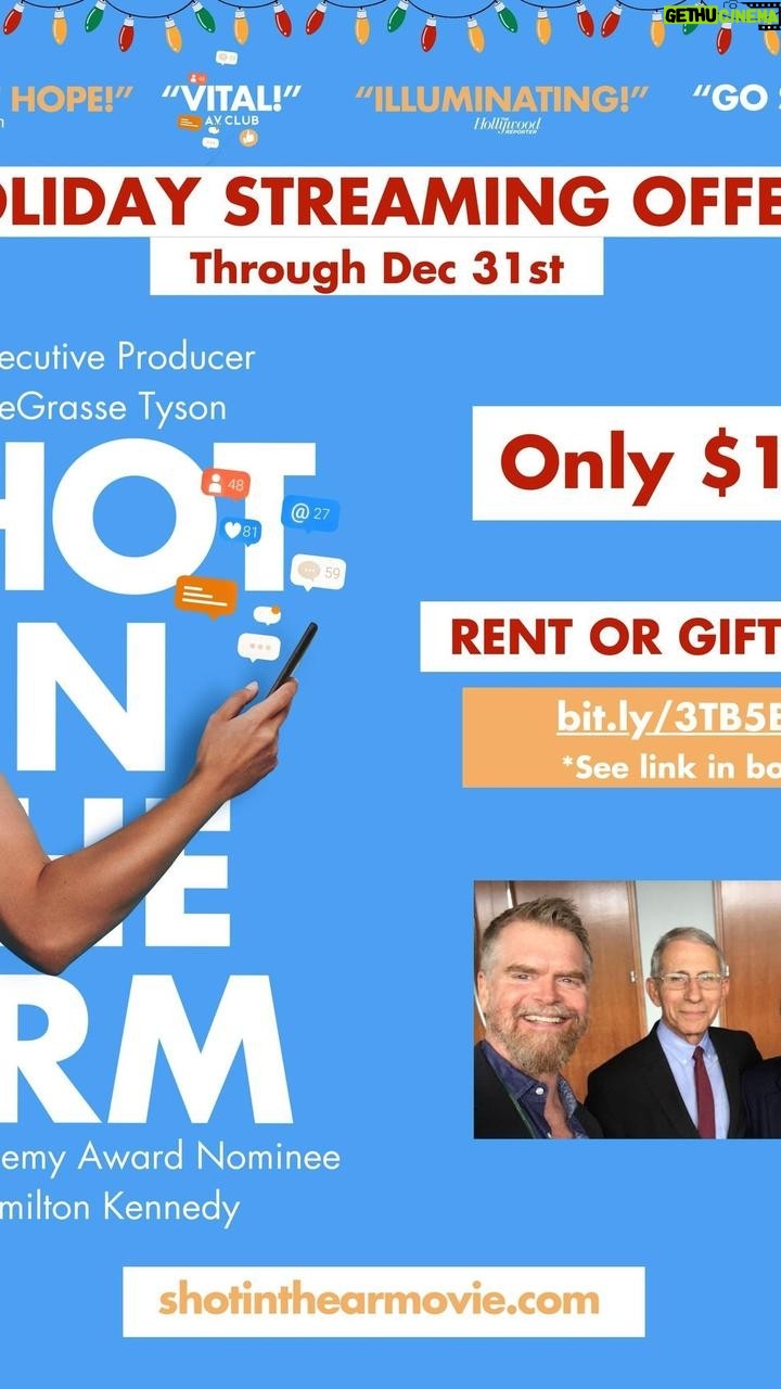 Neil deGrasse Tyson Instagram - As a holiday thank you, you can rent or gift SHOT IN THE ARM between now and New Year’s Eve for only $10! Please click the link in bio and share as far and wide as you like. bit.ly/3TB5BPV
