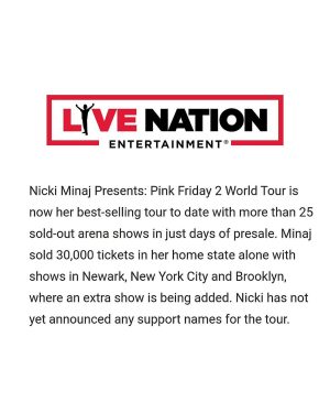 Nicki Minaj Instagram - By Rushka Bergman

Y’all wanna see a sneak peek of the #PinkFriday2 Gag City WORLD TOUR stage? Tour starts on 3/1 in Oakland 🎫