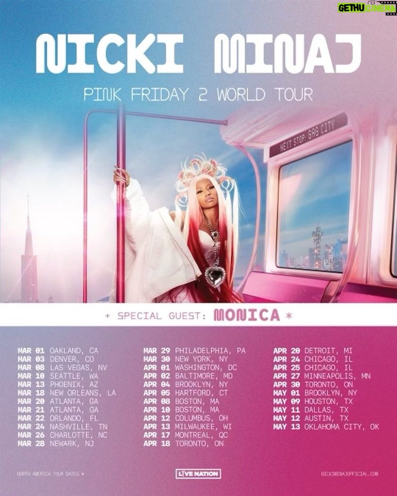 Nicki Minaj Instagram - I’ve said many times, this woman has been one of my biggest inspirations since I was in Junior H.S. 🎀 The iconic, trendsetting, Miss Thang herself- hits on hits on hits ✨ QUEEN @monicadenise will be one of the incredible artists accompanying me on the US dates of the #PinkFriday2 #GagCity Tour 🎀 NickiMinajOfficial.com