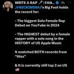 Nicki Minaj Instagram - Imagine being backed by a machine & going up against me, THEE MACHINE. Imagine spending money on a music video & full campaign only for an audio of a blank screen with just my RAPS to gets more views. A rap I made up joking on IG LIVE in mins 🎀 Broke APPLE MUSIC & YOUTUBE records. 🎀 NOW WE WAITING ON SPOTIFY!!!!!!! WHO WANNA PLAY WIT NICKI?!?? 🤣 Spotify ain’t gotta lie!!!!!! They REALLY STREAMING my music. 😎 #BigFOOT This is what happens when you think FAKE BOTS, PAID BLOGS & FAKE STUNTS will win the war in 2024 🎀 this is thinking you that bitch then running into THAT BITCH. #HeavyOnIt @tateko1 lets GOOOOOOOOOOO #GagCITY WHO MAD?!?!!!!!! Idc 😝🤣