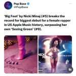 Nicki Minaj Instagram - #BigFoot just made APPLE MUSIC hissTORY. Am I dreaming? I’m not even kidding. 🤭😭😭😂🤣😭 thanks guys!!!! Jumped from #5 to #2 now, as well. GO STREAM YALL 😝😘 love you 🎀 also #1 in over 31 countries on iTunes so to all of those countries: I LOVE YOU FOR LIFE 🫶🏽🎉🎉🎉🎉🎉🎉🎉🎉🎉🎉🎉🎉