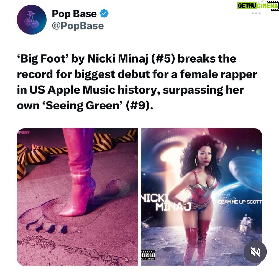 Nicki Minaj Instagram - #BigFoot just made APPLE MUSIC hissTORY. Am I dreaming? I’m not even kidding. 🤭😭😭😂🤣😭 thanks guys!!!! Jumped from #5 to #2 now, as well. GO STREAM YALL 😝😘 love you 🎀 also #1 in over 31 countries on iTunes so to all of those countries: I LOVE YOU FOR LIFE 🫶🏽🎉🎉🎉🎉🎉🎉🎉🎉🎉🎉🎉🎉
