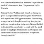 Nikolaj Coster-Waldau Instagram – So incredibly excited about this one. Cannot wait to record and share this with you. A great story from @ill.kippers @big.light.productions @audible_uk and #vespucci.