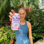 Nina Agdal Instagram - #ad Thanks to everyone who participated in the #bublybounce sweepstakes! I’m excited to host a virtual fitness class with the three lucky winners today. Getting ready to refresh and revitalize with #bublybounce. No calories, no sweeteners, all smiles! @bublywater