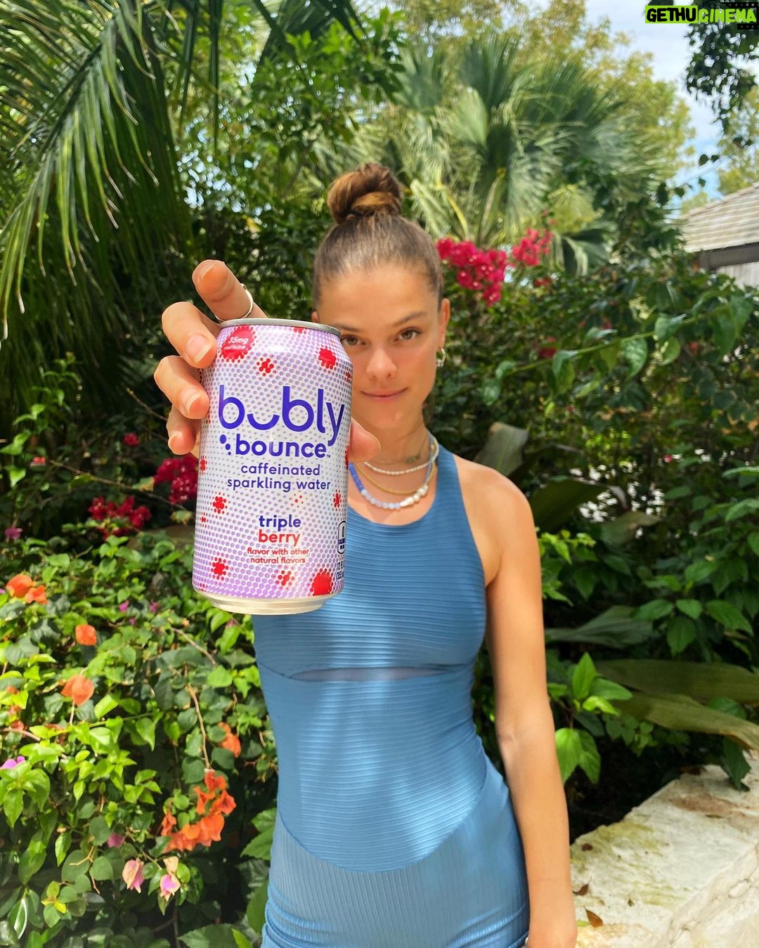 Nina Agdal Instagram - #ad Thanks to everyone who participated in the #bublybounce sweepstakes! I’m excited to host a virtual fitness class with the three lucky winners today. Getting ready to refresh and revitalize with #bublybounce. No calories, no sweeteners, all smiles! @bublywater