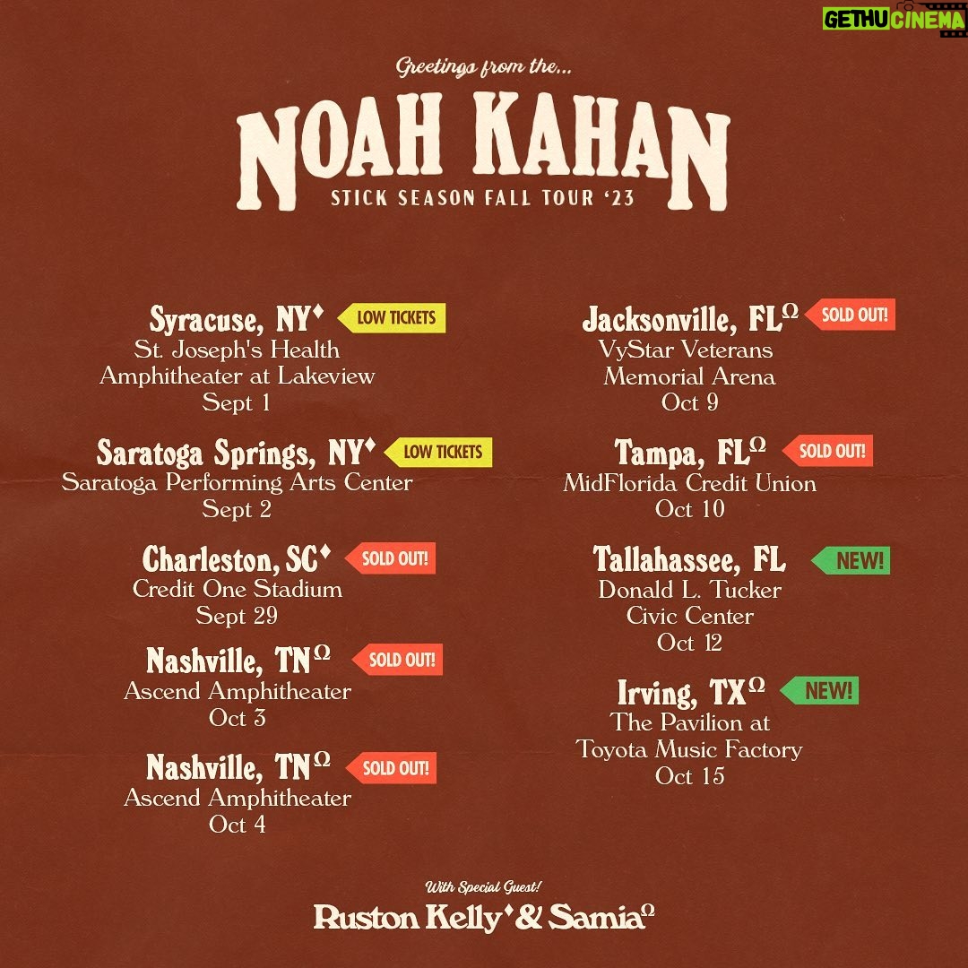 Noah Kahan Instagram - I can’t be stopped! Adding 2 shows in Tallahassee, FL and Irving, TX. Presale will start next Wednesday July 19th at 10am local, sign up for verified fan presale on my tour site. On sale will be next Friday July 21st at 10am local. Stick Season is still the climate baby, let’s keep it going