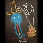 Noel Fielding Instagram – Blue Tony freaked out by Spaghetti Crow falling x crayon x