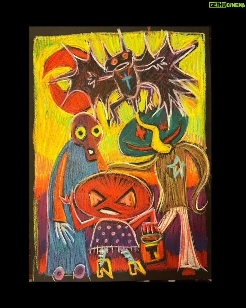 Noel Fielding Instagram - Halloween drop ! 11 crayon pieces on black paper including this one will be available to buy at @dontwalkwalkgallery 7 am tomoz ! x x x