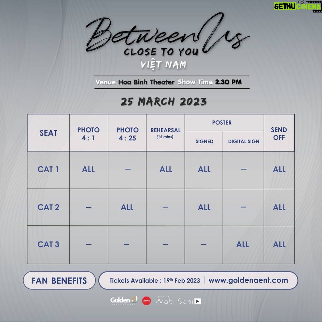 Noppanut Guntachai Instagram - I’m glad to come back again. Ticket information and fan benefit for Between Us: Close to you is ready for you to check! Get ready again for ticket battle na. Time: from 10 A.M 19 February 2023 Ticket website: https://goldenaent.com/ Chủ tịch lại được đi Việt Nam nữa rồi nè! Cả nhà đọc kỹ Benefit và sơ đồ chỗ ngồi nha. Sẵn sàng săn vé thôi nào🤩 Vé mở bán lúc 10h sáng ngày 19 tháng 2 năm 2023 tại: Website: https://goldenaent.com/ #BetweenUsinVietnam #เชือกป่าน #GoldenAEntertainment #GoldenAVietnam