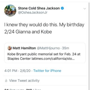 O'Shea Jackson Jr. Instagram - I told y’all...... Lakers never have a game on February 24th. For as long as I can recall. Little did I know that Kobe’s funeral would be on my birthday. Heartbroken...just aint the word