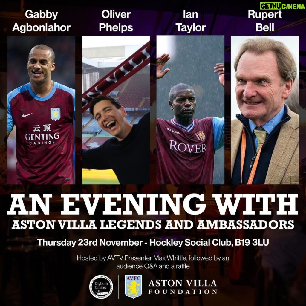 Oliver Phelps Instagram - Just 3 days to go to An Evening With Aston Villa Legends and Ambassadors! On the night you’ll hear from @oliver_phelps, @ga11official, @iantaylor7 and @bell.rupert, all hosted by @maxwhittle! 100% of profits and proceeds from the evening will be put back into programmes run by ourselves and @digbethdiningclubcic to tackle food poverty in the city. 💜 Tickets at the link in our bio! 🎟️