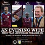Oliver Phelps Instagram – Just 3 days to go to An Evening With Aston Villa Legends and Ambassadors! 

On the night you’ll hear from @oliver_phelps, @ga11official, @iantaylor7 and @bell.rupert, all hosted by @maxwhittle!

100% of profits and proceeds from the evening will be put back into programmes run by ourselves and @digbethdiningclubcic to tackle food poverty in the city. 💜

Tickets at the link in our bio! 🎟️