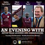 Oliver Phelps Instagram - Just 3 days to go to An Evening With Aston Villa Legends and Ambassadors! On the night you’ll hear from @oliver_phelps, @ga11official, @iantaylor7 and @bell.rupert, all hosted by @maxwhittle! 100% of profits and proceeds from the evening will be put back into programmes run by ourselves and @digbethdiningclubcic to tackle food poverty in the city. 💜 Tickets at the link in our bio! 🎟️