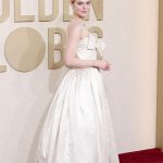 Olivier Rousteing Instagram - L’élégance Balmain at the Golden Globes 🤍 @ellefanning styled by @samanthamcmillen_stylist Pierre Balmain gown from 1960 The French legacy , so proud of showing the incredible craft and savoir faire from The Balmain House .