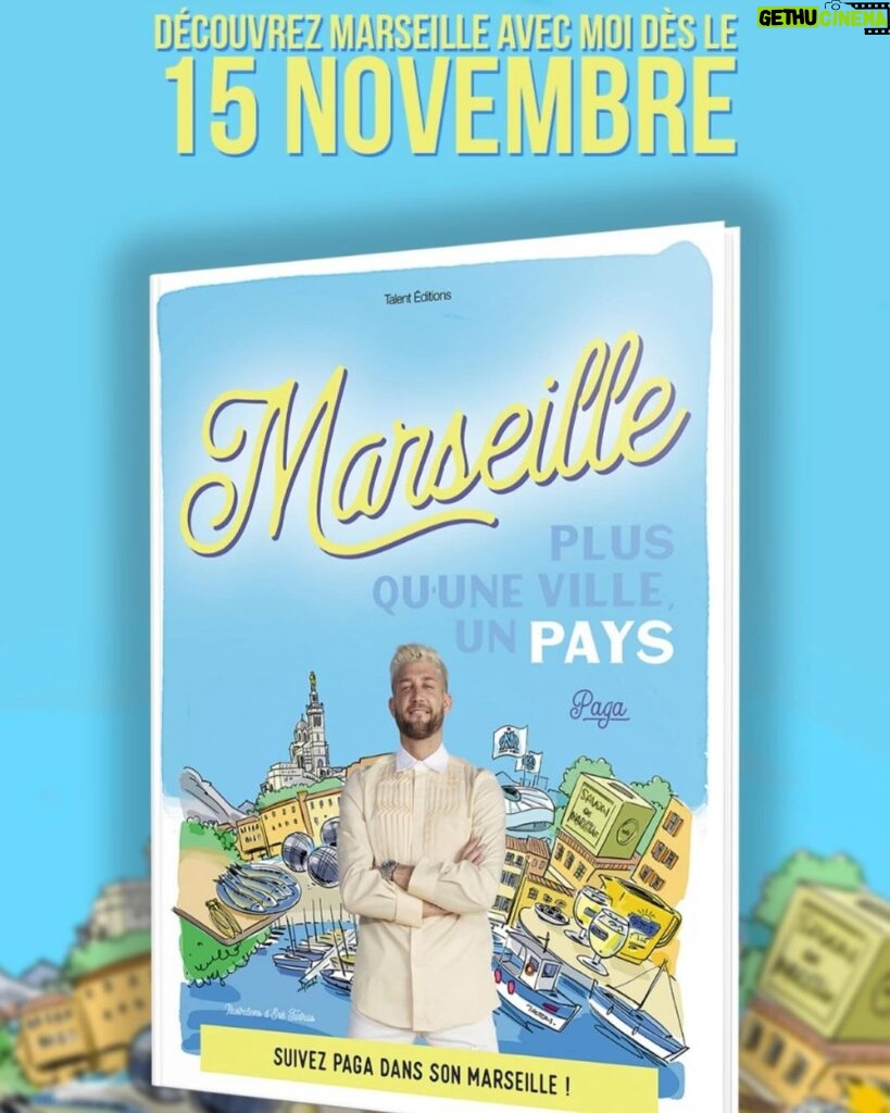 Paga Instagram - J'ai le plaisir de vous annoncer la sortie de mon premier livre, 𝗠𝗮𝗿𝘀𝗲𝗶𝗹𝗹𝗲 : 𝗣𝗹𝘂𝘀 𝗾𝘂'𝘂𝗻𝗲 𝘃𝗶𝗹𝗹𝗲, 𝘂𝗻 𝗽𝗮𝘆𝘀. Comme vous le savez, Marseille est ma ville de naissance. C'est aussi ma ville de cœur, la ville qui m'a vu grandir, la ville qui a fait celui que je suis maintenant. Je suis un véritable amoureux de Marseille. Avec mon livre, je vous propose mes services de guide pour vous faire découvrir Marseille comme nul autre. Alors, dès le 15 novembre, suivez-moi ! En ma compagnie, vous découvrirez Marseille mais aussi la culture marseillaise. De Notre-Dame de la Garde à aux Calanques en passant par l'OM, je suis certain de vous faire découvrir de très nombreuses choses sur celle que je considère comme la plus belle ville du monde ! On se donne rendez-vous le 15 novembre ? Le livre est d'ores et déjà disponible en précommande ! @fnac_officiel @talent_editions Marseille, France