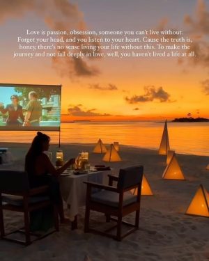 Pamela Reif Instagram - Well, can I now say that Brad Pitt looked at me? 🤣🤣♥️ Beach Cinema for 2 🥹 mom chose one of her favorite movies for: „Meet Joe Black“ 🎬 a dreamy sunset, delicious dinner, shedding some tears for the movie & spending quality time with mom - this was a 1000 out of 10 evening, everything was pure perfectionnnn 🥲🌅 

What’s your fave movie? Tell me which one you’d like to watch here! (I hardly know any movies - only every single one by Nicholas Sparks hoho) 👀 #romantic 

📍@gili.lankanfushi resort via @maledivenreisen 

 #movienight #paradise #maldives #pinchme