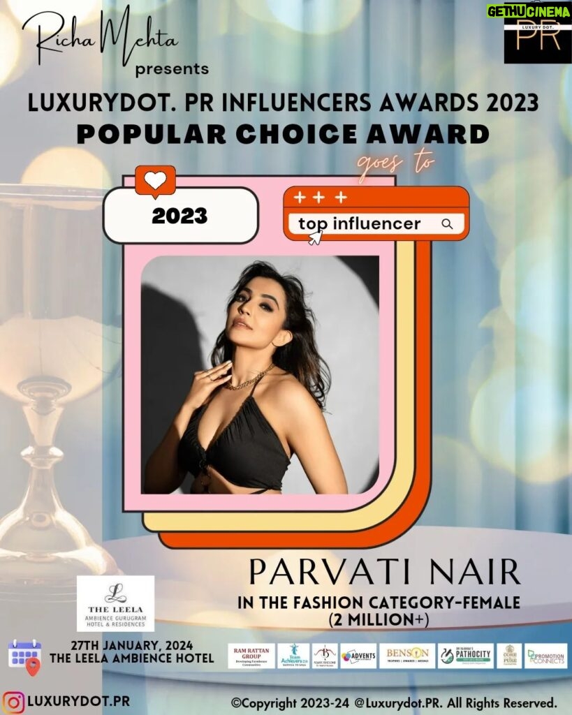 Parvatii Nair Instagram - Get ready to be thrilled as we reveal the winners of the 'Luxurydot.PR Influencers Awards 2023'! The prestigious Popular Choice Award in the Fashion Category-Female (2 Million+) goes to the incredible @paro_nair As a PR firm, we are absolutely exhilarated to champion the hard work of influencers. Excitingly, we want to emphasize that these awards come with no fees – they are purely earned on merit. . . #luxurydot.pr #LuxurydotPRAwards #popularchoiceaward #parvatinair #InfluencerAwards #RichaMehta