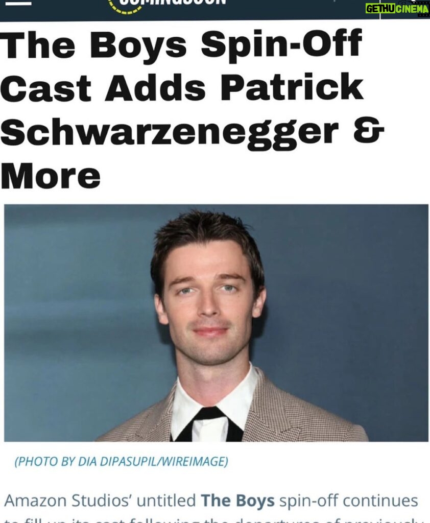 Patrick Schwarzenegger Instagram - SUPES EXCITED TO JOIN THIS FRANCHISE. I’ve been huge fan of THE BOYS for the last few years. Thankful for our awesome show runners, Michele Fazekas & Tara Butters , believing in me. To the producers- thank you as well! Amazon, Point Gray, Kripke and original films! Let’s go!