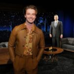 Patrick Schwarzenegger Instagram - Here’s a really awkward photo of Jimmy Kimmel & I wearing Baby-Gap😂 In all seriousness was so fun/ cool to do a in person interview. My first time. Link in bio if you want to watch!! Jimmy Kimmel Show