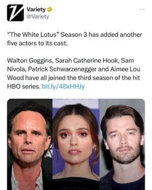 Patrick Schwarzenegger Instagram - WHITE LOTUS!!!!!!!!!! ARE YOU KIDDING ME?! 

So thankful to Mike White for believing in me!! Can’t wait to embark on this journey with you and the rest of this team. Forever grateful!

I watch this show every week with my family and every time we would watch they say “why can’t you audition for this show!!!”. So voila !

To HBO, David Bernad & Meredith Tucker for also giving me this opportunity 🙏❤️