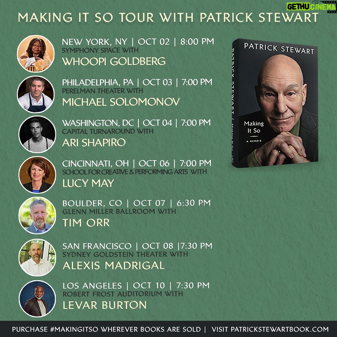 Patrick Stewart Instagram - I’m pleased to share the moderators who will be joining me for my #MakingItSo book tour across the US, and sending a sincere thank you to all of you for purchasing tickets. All of the events are sold out, however, you can still purchase virtual tickets for the event in Los Angeles with the great @levar.burton. Go to PatrickStewartBook.com to book your spot.