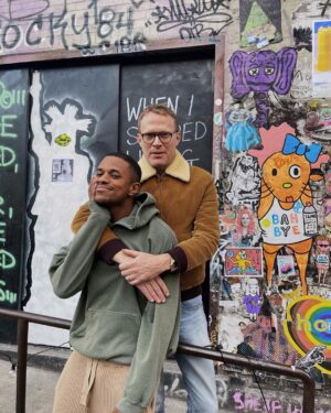 Paul Bettany Instagram - Me and my new mate @jeremypope outside Basquiat’s place. Thrilled to be part of “The Collaboration.”