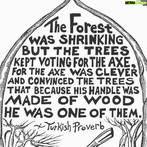 Paulo Coelho Instagram - The forest was shrinking but the trees kept voting for the axe for the axe was clever and convinced the trees that because his handle was made of wood he was one of them (Turkish proverb)