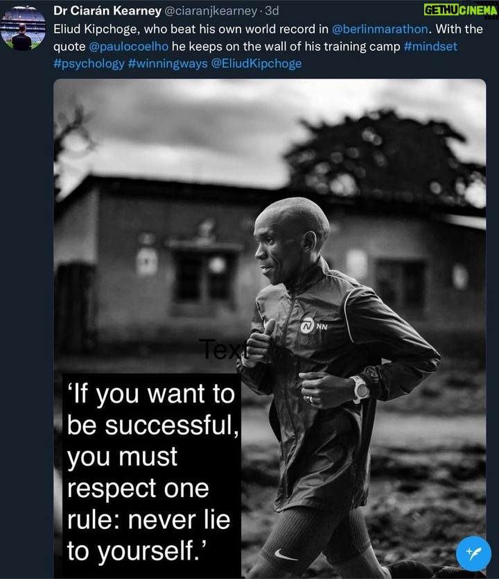 Paulo Coelho Instagram - Eliud Kipchoge, who beat his own world record in ⁦@berlinmarathon ⁩. With the⁦⁩ quote ⁦@paulocoelho ⁩ he keeps on the wall of his training camp ⁦