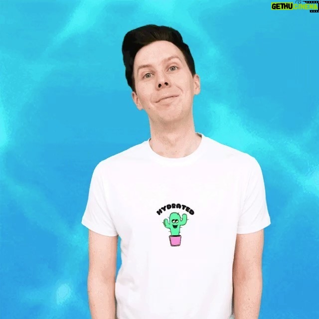 Phil Lester Instagram - My new 🌵HYDRATED💦 merch collection is out now - ft. two new shirts, a cactus cushion and a holographic tote! I feel a deep emotional connection to these items and their very important health message - I hope you all feel the same. 🌍 amazingphilshop.com 🇺🇸 us.amazingphilshop.com
