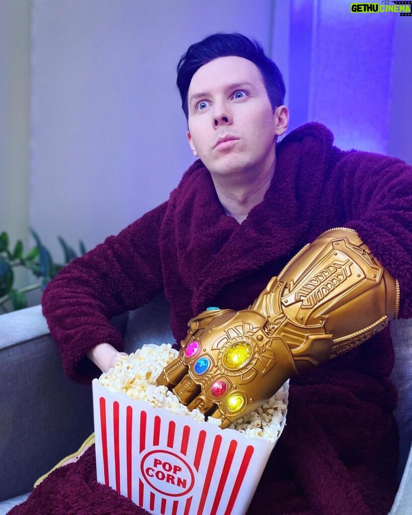 Phil Lester Instagram - #AD - This bowl of popcorn right now “Mr. Phil ..I don’t feel so good.” ..Okay maybe I’m taking my Marvel marathon a little too seriously. It’s been over a year since Endgame and as a fan I’m on a super superhero spree - but if you’re new to the Marvel Cinematic Universe and don’t yet get the 9000 amazing memes - GOOD NEWS as the best of Marvel is assembled on #DisneyPlusUK! So what are you waiting for?! Thanks to @DisneyPlusUK #Marvel (I’m never taking this Cap suit off)