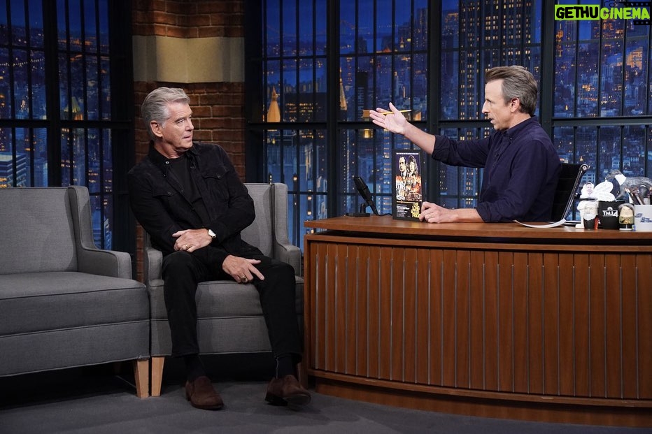 Pierce Brosnan Instagram - Thank you Seth for always making me feel so welcome. You light up the night every night with your quick silver wit and wry charm, love the show💥💥💥 @LateNightSeth Photographer: Lloyd Bishop/NBC