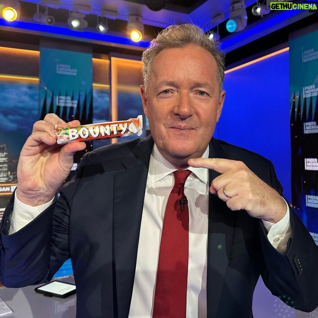 Piers Morgan Instagram - BREAKING NEWS: I’ve just been told that my favourite dark chocolate red wrapper Bounty bars have been discontinued, and this is the last one left in my dressing room stockpile. I’m outraged. This will cause immeasurable harm to my mental health. Please reconsider @marswrigley - urgently.