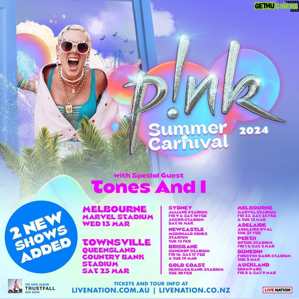 Pink Instagram - Hey Australia! I’m adding TWO MORE SHOWS to my 2024 #SummerCarnivalTour! And guess what else?! @tonesandi will join me for the entire tour 🤩🙌🏼Presales start Aug 17th. Tickets available starting Aug 18th. Can’t wait to see your pretty faces sooooon 💞