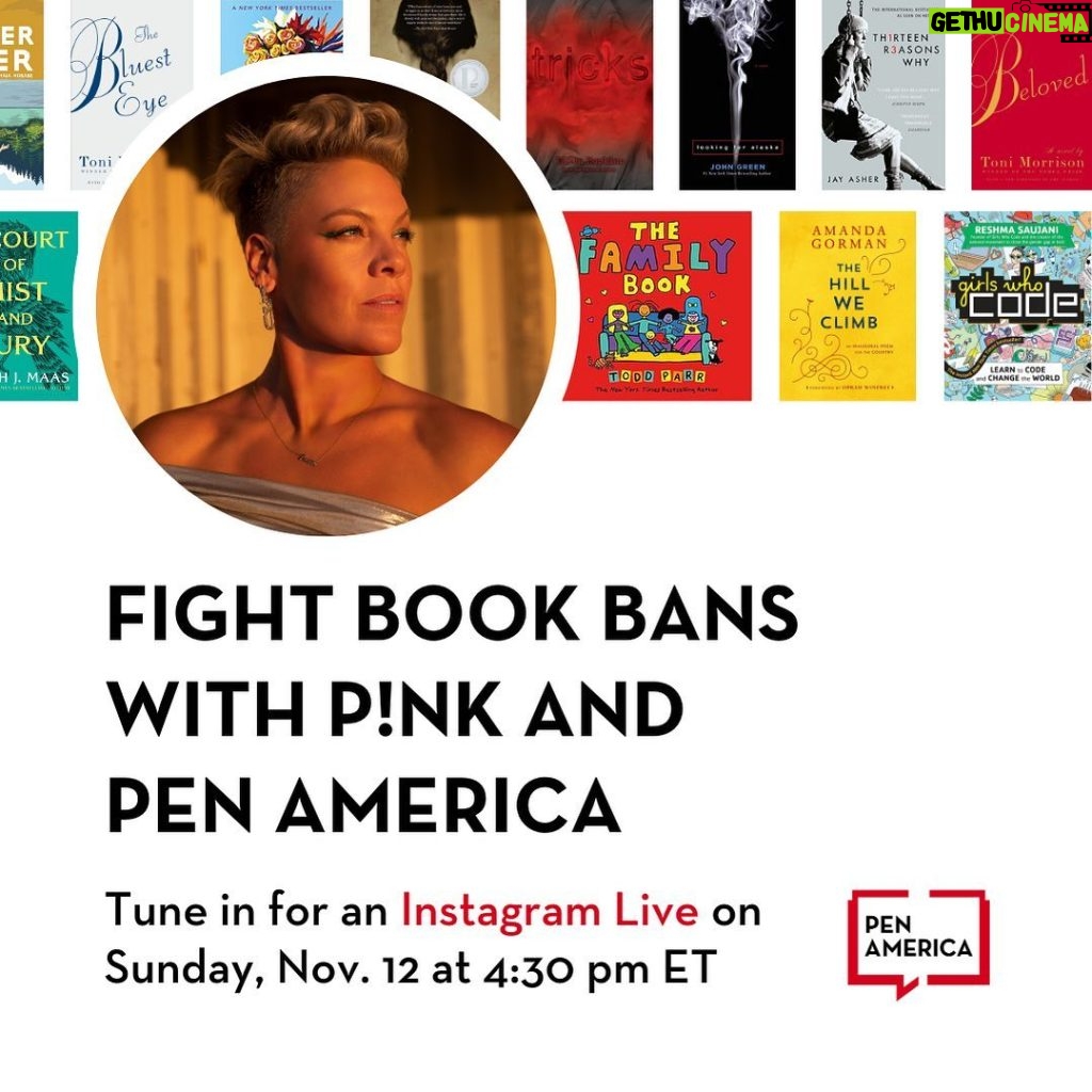 Pink Instagram - Did you know there have been nearly 6,000 book bans since the fall of 2021? And nearly 40% of the books bans in the last school year occurred in Florida? As a mom of two young readers, I can’t imagine letting someone else decide what MY CHILDREN can and cannot read! That’s why this week at my Miami, FL and Sunrise, FL shows, I’m partnering with @penamerica and @booksandbooks to give away banned books to the first 1,000 fans who want them at each show! And tomorrow Sun Nov 12 at 4:30PM ET, I’m having a Live Chat with @amandascgorman and Suzanne Nossel, CEO of PEN America, to talk about banned books in America. Tune-in to join the conversation! And in the meantime, check-out the link in my bio to learn more about how to combat the banning of books in your community. pen.org/pink