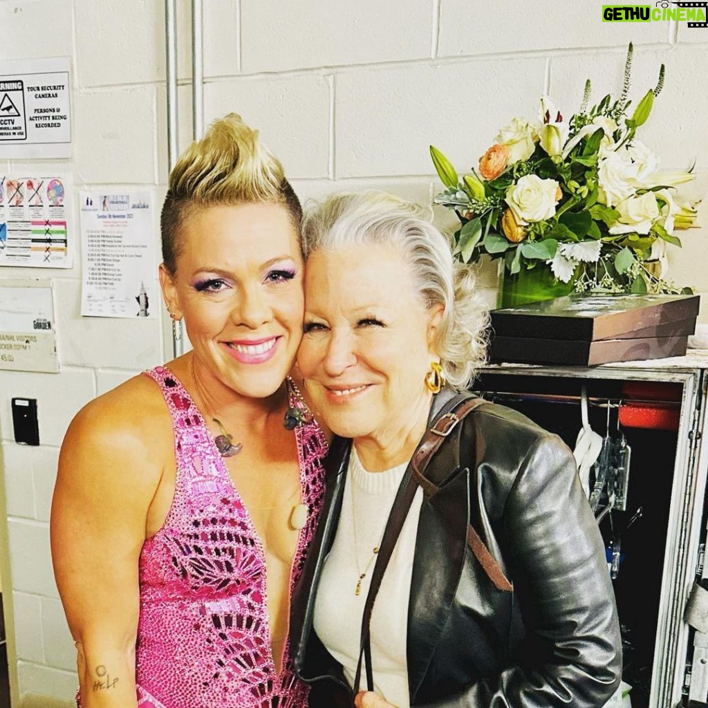 Pink Instagram - Oh my goodness. I have loved this woman, her voice, her wit, her concert slash stand up slash broadway slash big band KISS MY BRASS attitude for as long as I can honestly remember. Bette came to my very first Madison Square Garden show however many years or decades ago. I have always found her to be a quadruple threat and a mentor and a North Star. I got to sing The Rose with her once about twenty years ago and she tried to teach me how to sit on stage in a skirt. Tonight, our daughters met, and Jameson met Winnie from Hocus Pocus (mind officially blown). It’s important to me that I honor those I feel paved the way. I cut my teeth watching this very brilliant woman own every room or endeavor she walked into. When she made The Rose, it was doneso for me. What an honor to perform for you again @bettemidler I love you more than you will ever know- and you have given so much to all of us. There just aren’t the right words to convey how magical I think you are.