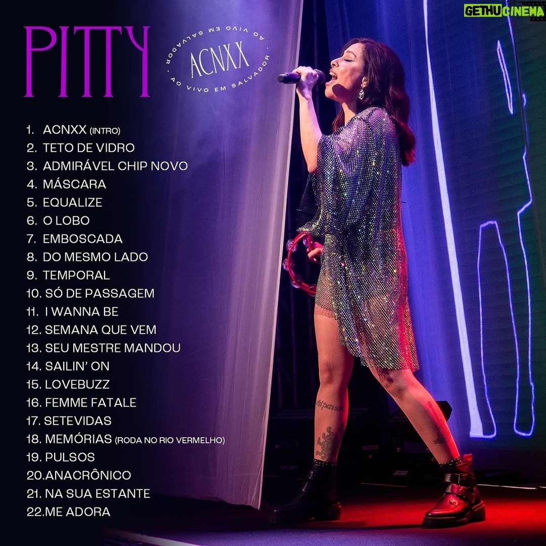 Pitty Instagram - saiu a tracklist do ACNXX Ao vivo em Salvador. anota na agenda que essa semana tem bastante novidade: 🟪 02/02 às 00h | Álbum ao vivo disponível em todas as plataformas 🟪 02/02 às 22h00 | Exibição versão Integral - @canalbis 🟪 02/02 | Disponível no @globoplay 🟪 03/02 às 14h30 | Exibição versão reduzida - @multishow ativem os lembretes e garanta a pre-save do álbum disponível no link da bio.