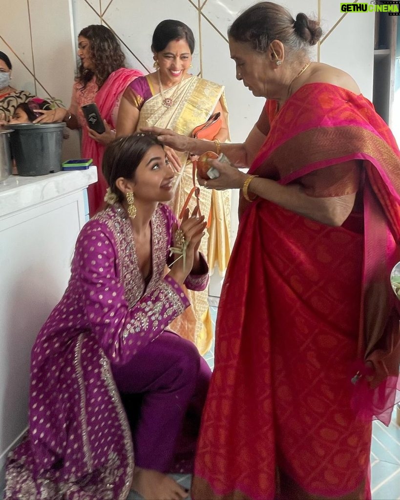 Pooja Hegde Instagram - Ajji’s love language was food. She was a great cook.She would feed anybody who walked through her doors even if it meant less for herself. She LOVED to dress up.Ajji would wear her saree & jewellery..then powder her face and yesterday’s bindi would be extracted from the mirror and onto her face.. she would then carry on to do house chores looking her best. She never complained about aches and pains. And inspite of all the issues she had, she always managed to keep a smile on her face..Always jolly, funny and sometimes she could roast you with just her honesty. The 1 thing she couldn’t resist, was desserts and fish, a trait I proudly inherited. “Ajji na Pulli”. That’s how I will remember you Ajji. You raised strong women. Thank you for all that you did. Love you ❤ 🥺