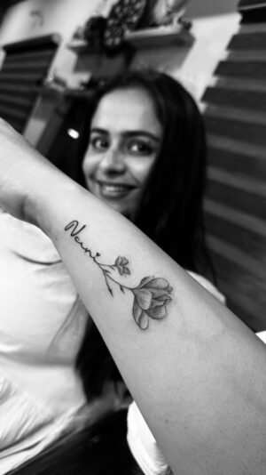 Prachi Tehlan Instagram - I GOT INKED 🫶🏻

Despite my initial hesitations about getting inked, I knew that if I ever did, it had to be for someone truly special. My Nani’s strength and inspiration have guided me since childhood, so it was only fitting that my first tattoo be dedicated to her. The ‘Nani’ inscription blooms into a beautiful purple flower - her favorite color, symbolizing the roots she planted and nurtured among her children and grandchildren. A tribute to a remarkable woman who will forever be the heart of our family garden. 💜🌸 

Thank you @stinger_tattoos 🥰 AJ you are sweetheart! You didn’t just gave me a perfect memory but also a Beautiful friend in you. Thank you for being the best 🎈

#TattooTribute #NeverForget

@celebrityarkmanagement
 @reubenellisfilms