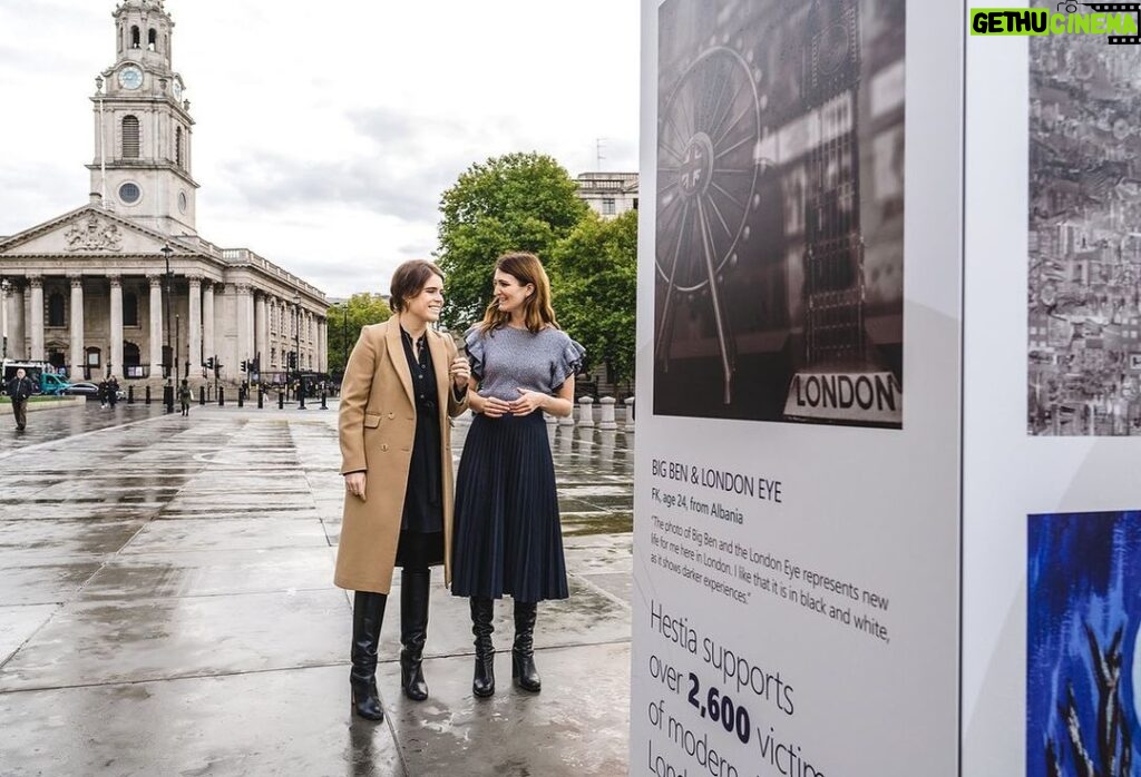 Princess Eugenie Instagram - To mark #antislaveryday Jules and I visited Art is Freedom outside The National Gallery. An exhibition that was curated and created by survivors of modern day slavery. @the_anti_slavery_collective were honoured to co-curate alongside @hestia_charity and these brave survivors who shared their voices and art. @hestia_charity supports adults and children in times of crisis. They deliver services across London and the Southeast, as well as advocating nationally on issues that affect the people they work with. Last year over 15,000 men women and children were supported. This includes survivors of modern slavery, domestic abuse, people with mental health difficulties and older people as well as care leavers and people leaving prison. I really encourage you to see this exhibition so you can see what you can do to help end modern slavery as well as supporting such strong, courageous artists and survivors. The exhibition is at Trafalgar Square, London Bridge station and outside South Kensington underground station.